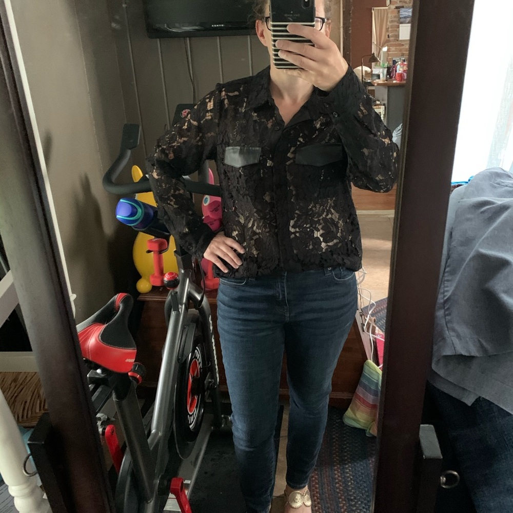 Calvin Klein Lace Button Down Sheer Blouse